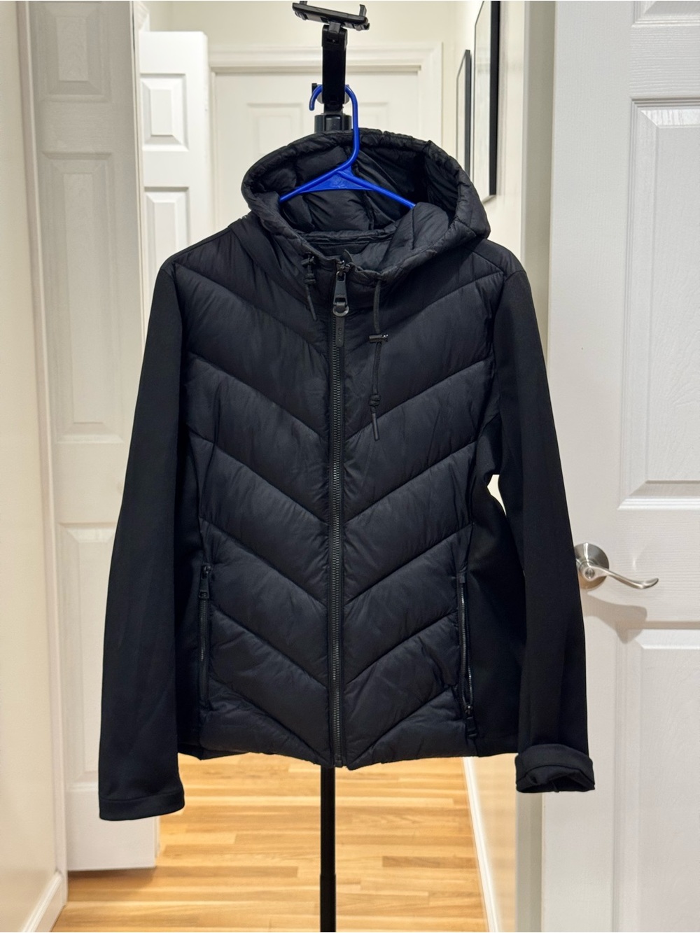 DKNY Black Quilted Hooded Puffer Jacket